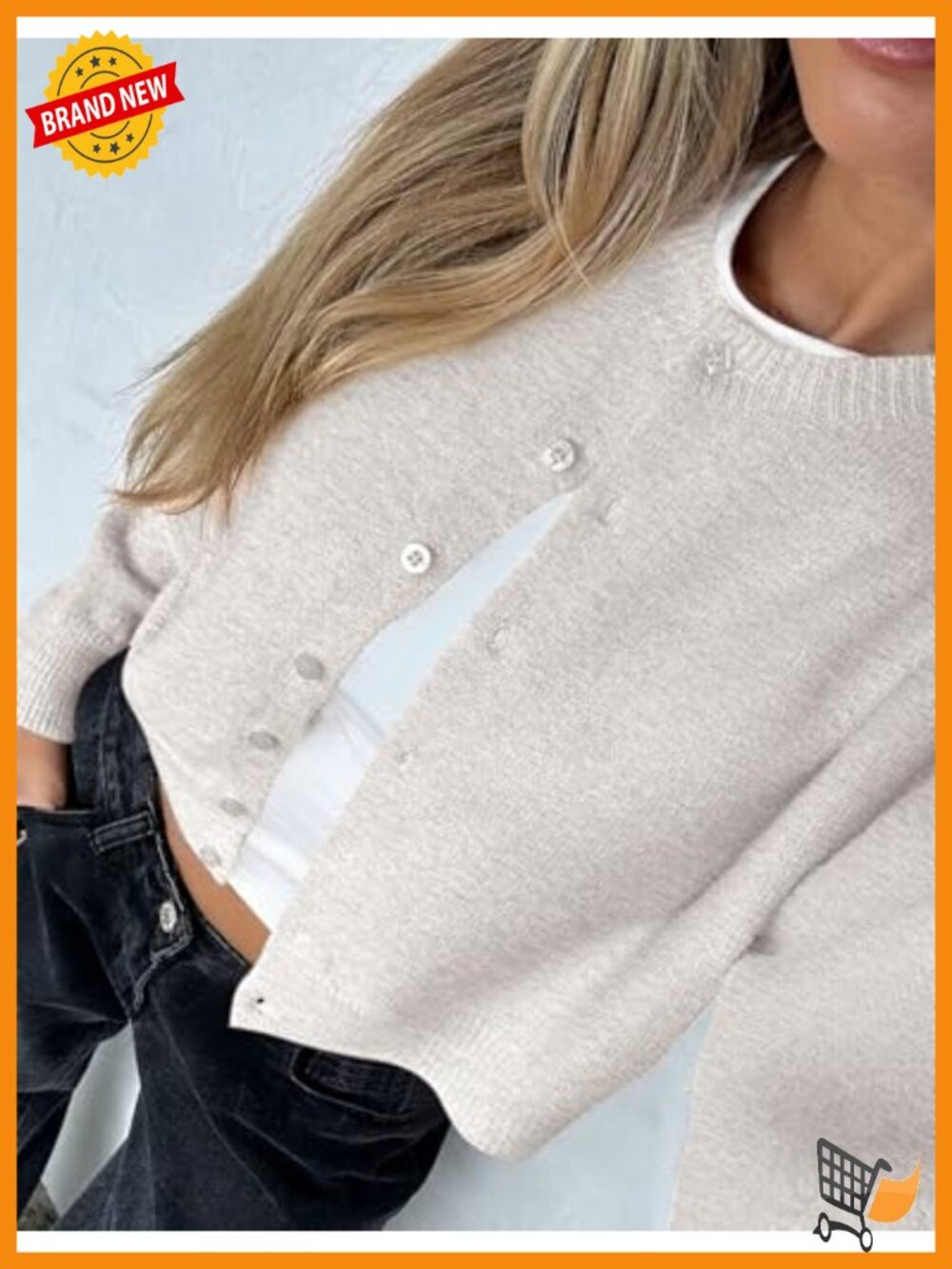 Cropped Cardigan Sweater Crew Neck Long Sleeve Button Front Lightweight Knit - Picture 2 of 5